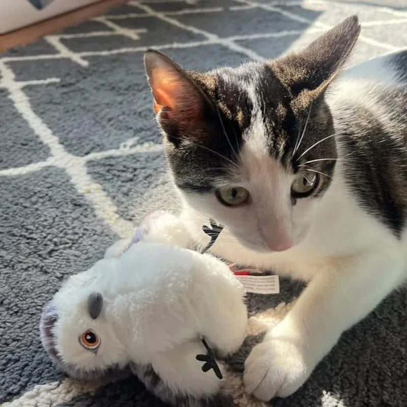 Jouet interactif oiseau à plumes pour chat, rechargeable USB. Idéal pour la stimulation féline et l'instinct de chasse.