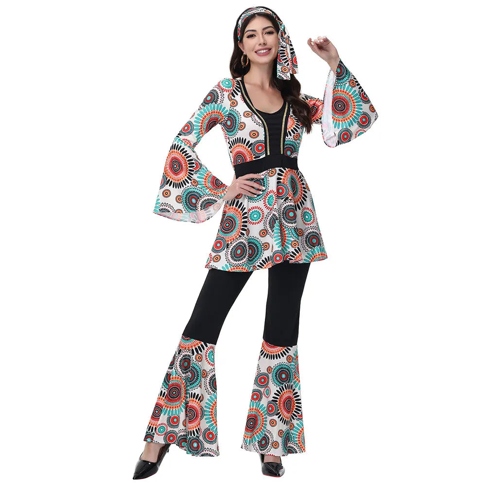 Costume homme hippie disco années 70, chemise fleurie, pantalon évasé pour fête rétro.
