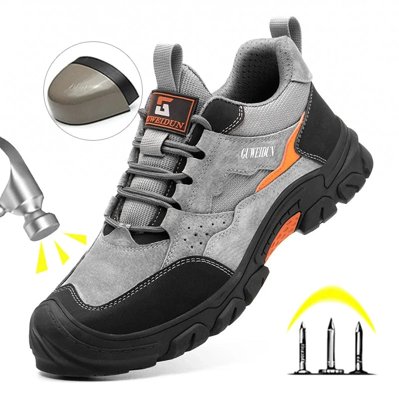 Chaussures de sécurité unisexes en cuir PU respirant avec embout acier. Protection et confort pour le travail.