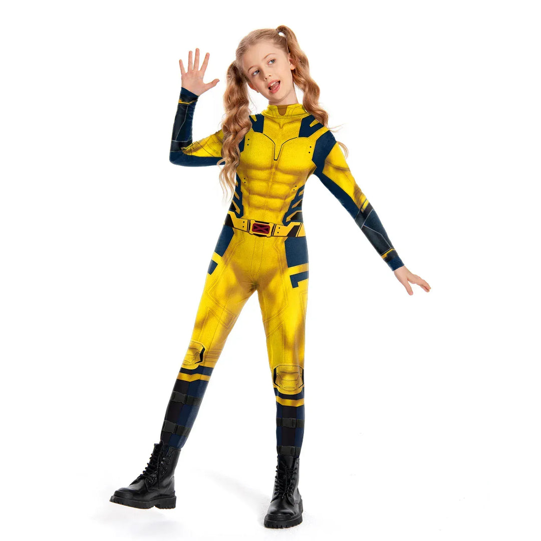 Costume enfant super-héros, combinaison extensible et confortable pour garçon et fille. Déguisement Deadpool ou Wolverine.