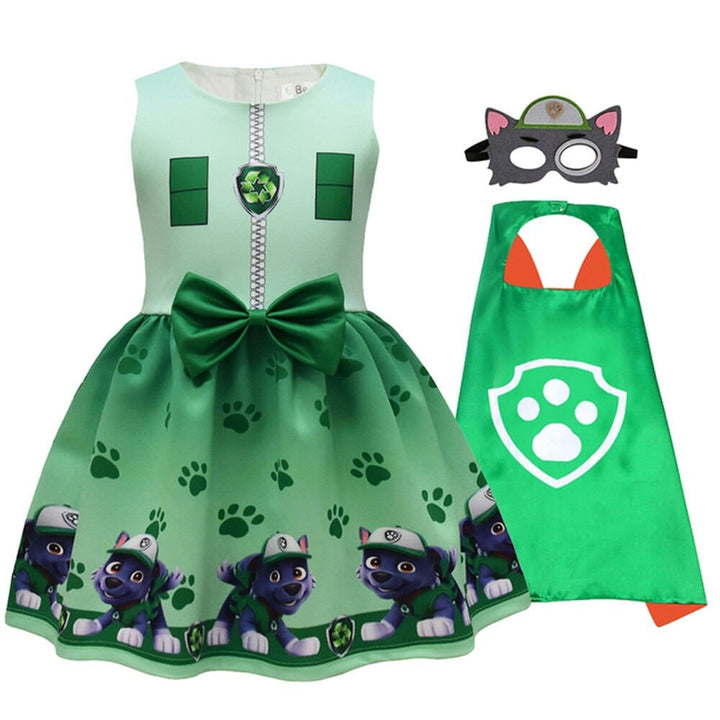 Déguisement complet Pat Patrouille pour fille : robe, cape et masque, qualité premium enfant.