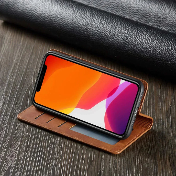Housse iPhone noire en cuir magnétique élégante. Protection complète pour votre smartphone.