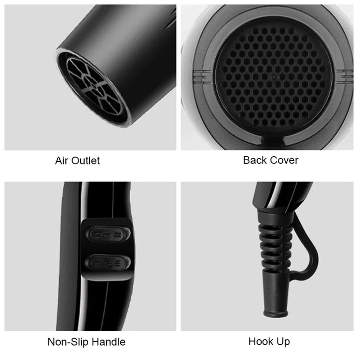 Sèche-cheveux professionnel noir 2200W avec technologie ionique pour des cheveux lisses et éclatants.