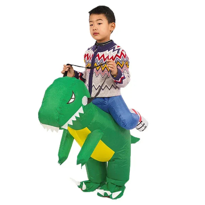 Déguisement dinosaure gonflable vert en polyester pour jeu d'enfant ou spectacle adulte.