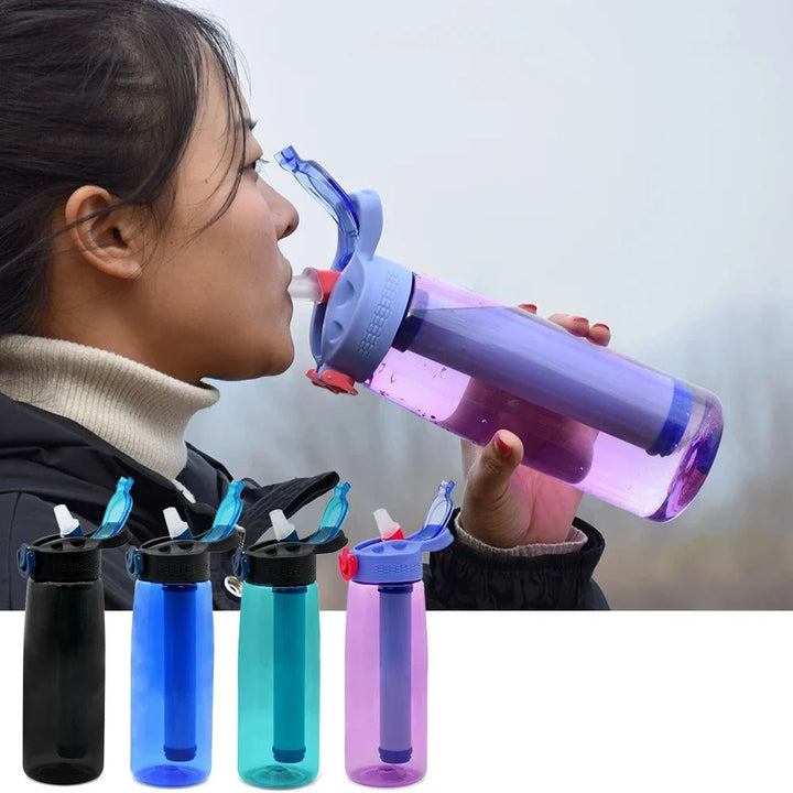 Bouteille filtrante Tritan, purificateur d'eau portable. Idéale pour hydratation écologique en voyage et camping.