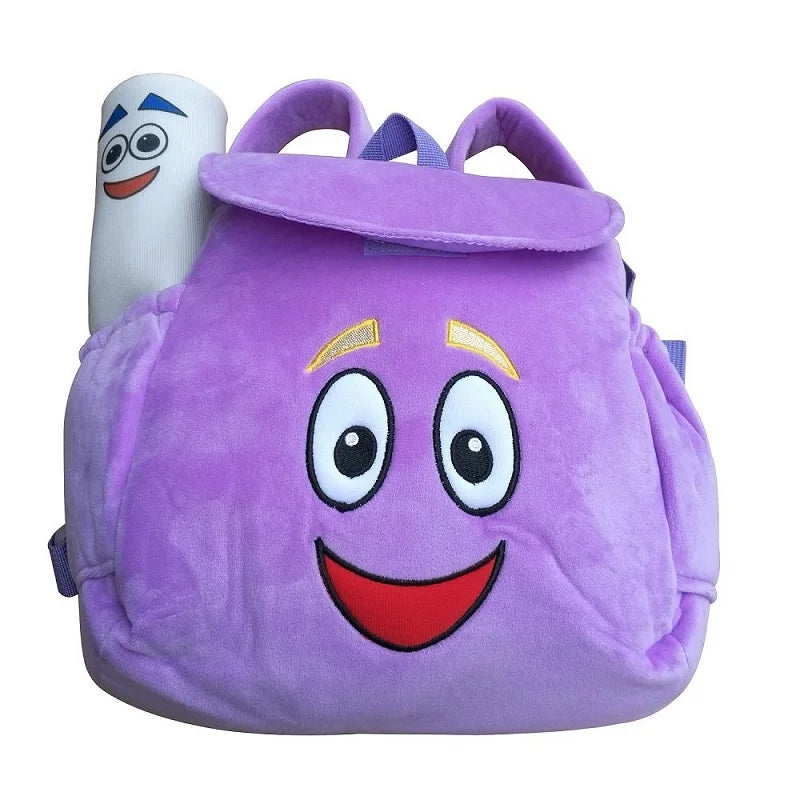 Vue de face du sac à dos enfant explorateur violet avec carte imprimée, bandoulières ajustables.