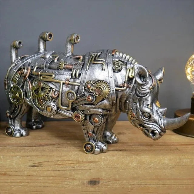 Ornement mécanique: sculpture animale style industriel-chic en métal sombre, un élément décoratif fort.