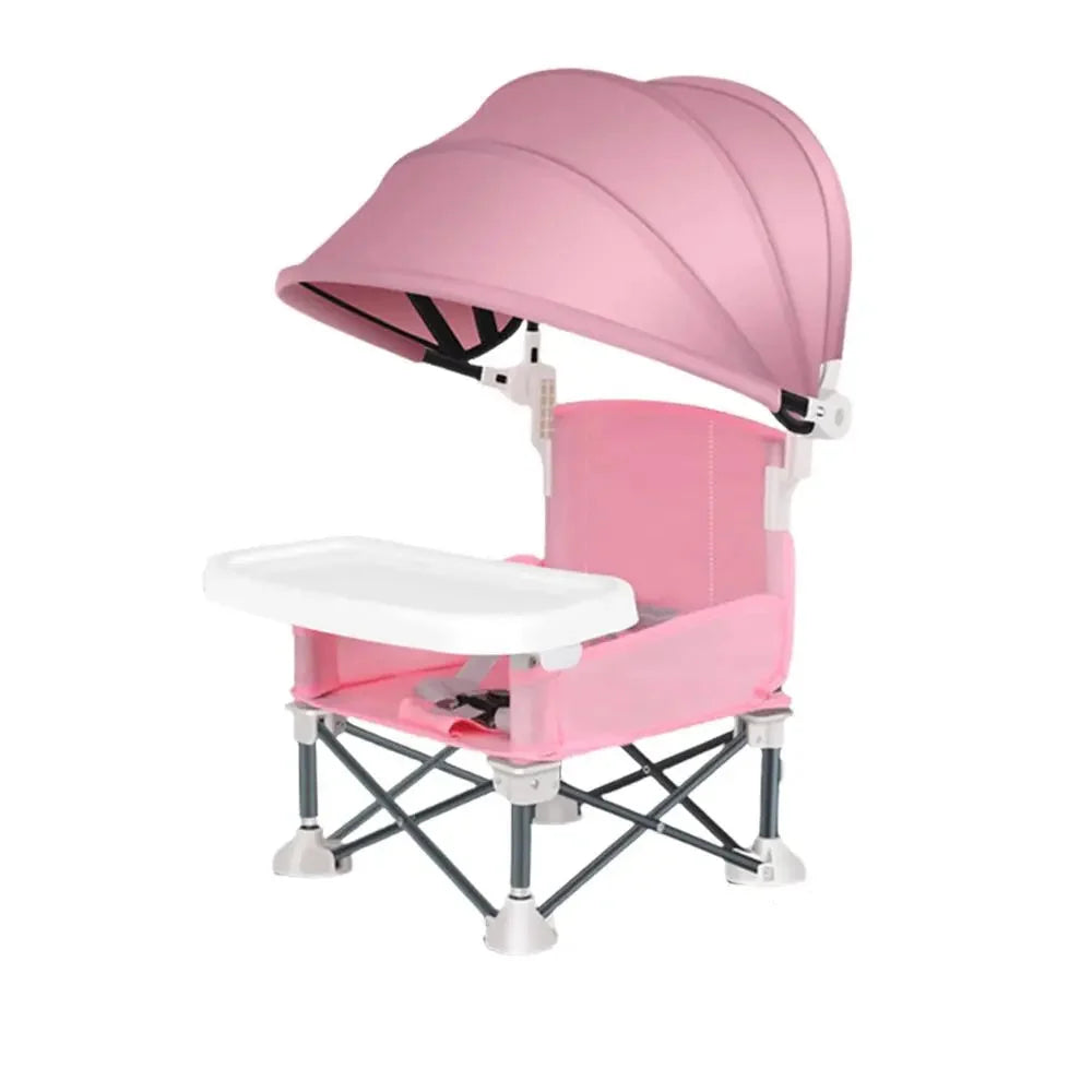 Chaise haute de voyage pour enfant, ultra-pliable, avec plateau et protection solaire pour l'été.