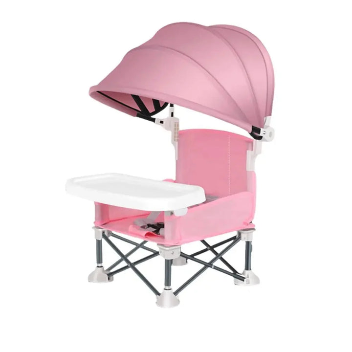 Chaise haute de voyage pour enfant, ultra-pliable, avec plateau et protection solaire pour l'été.