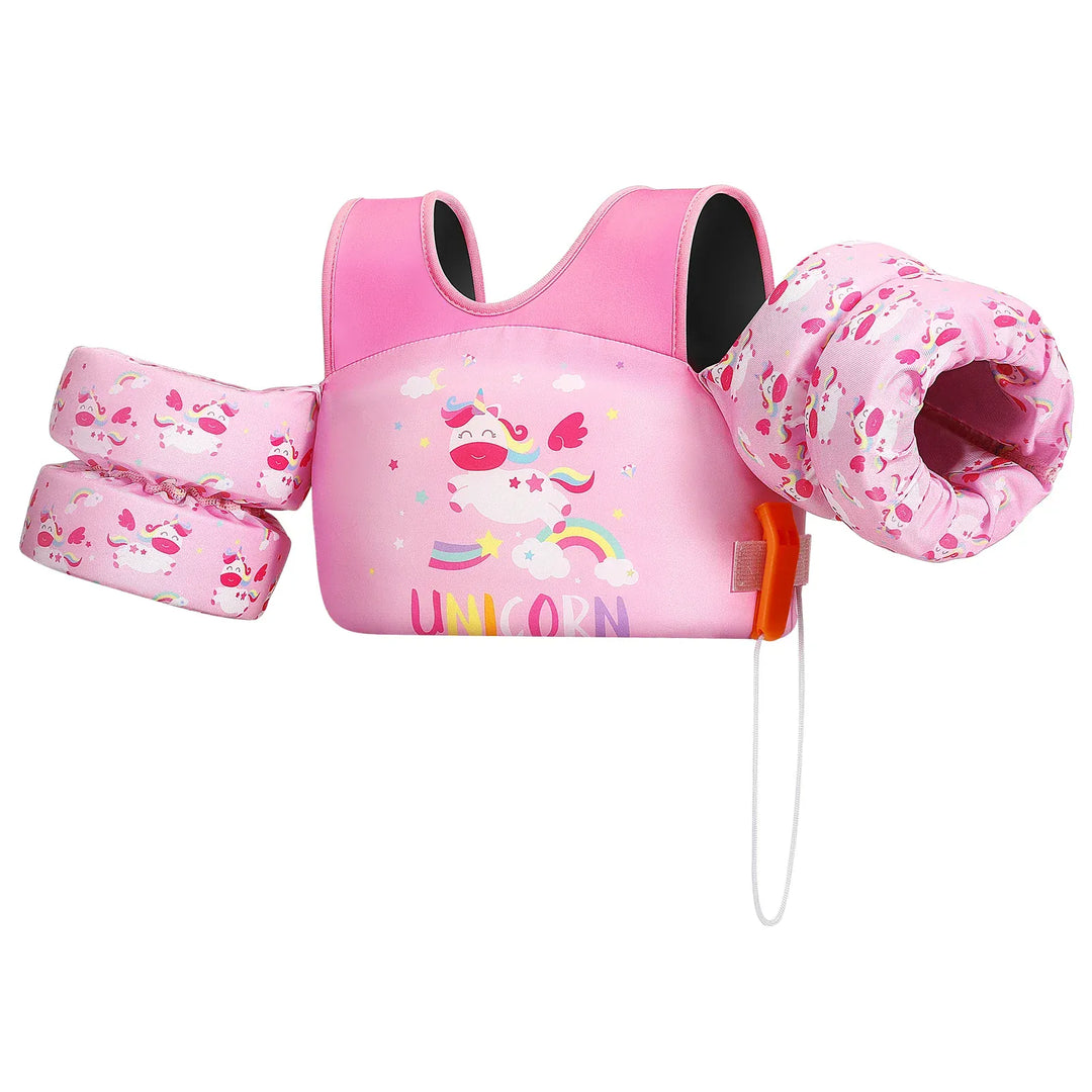 Gilet de flottaison enfant sirène avec brassards intégrés, parfait pour la piscine et les jeux d'eau d'été.