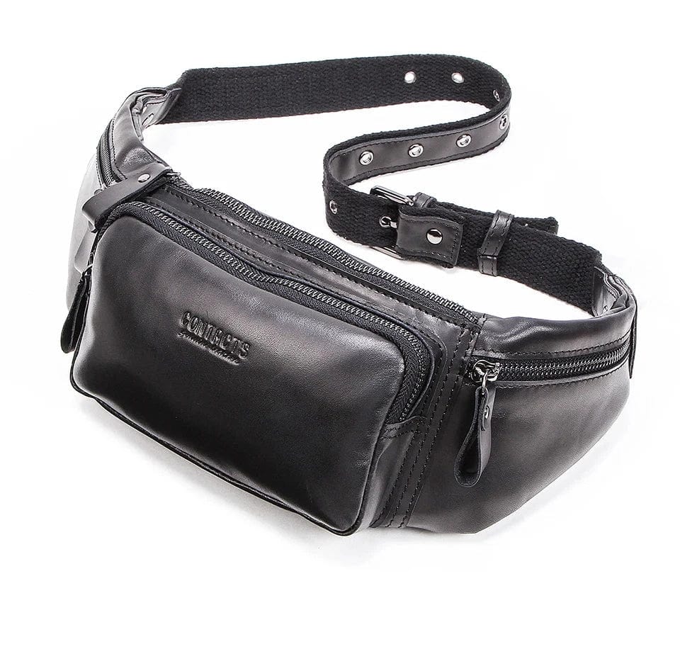 Vue latérale sac banane homme en cuir véritable, design épuré, parfait pour look décontracté.