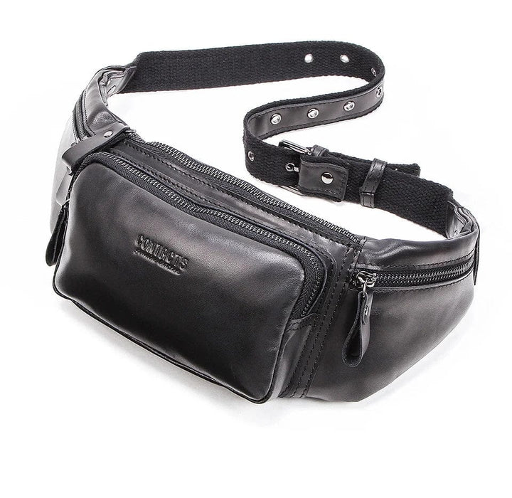 Vue latérale sac banane homme en cuir véritable, design épuré, parfait pour look décontracté.