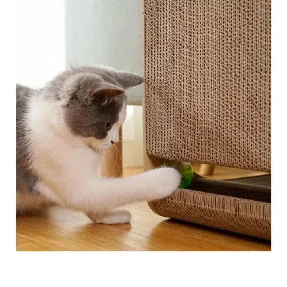 Chat jouant sur son griffoir stable en carton haute densité, pour des griffes saines et un mobilier protégé.