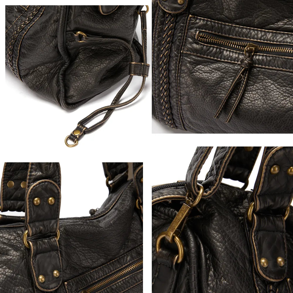 Sac cabas noir vintage polyvalent pour femme, grand format pour cours et activités journalières.