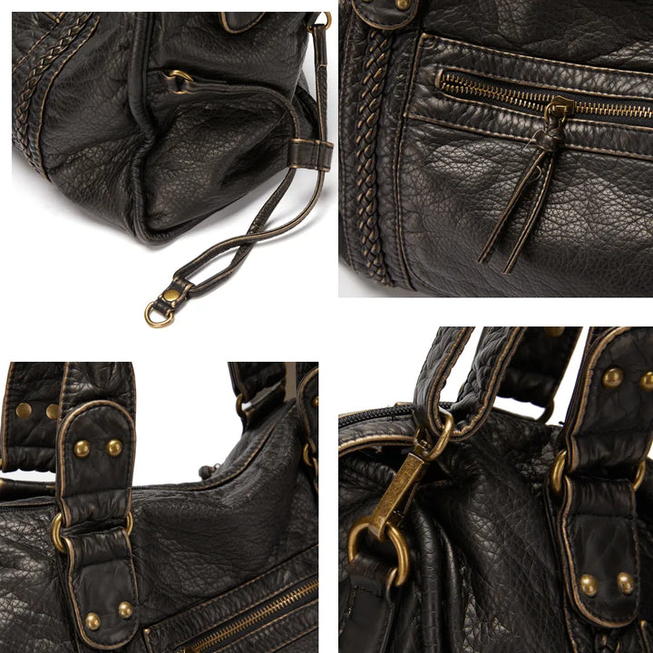 Sac cabas noir vintage polyvalent pour femme, grand format pour cours et activités journalières.