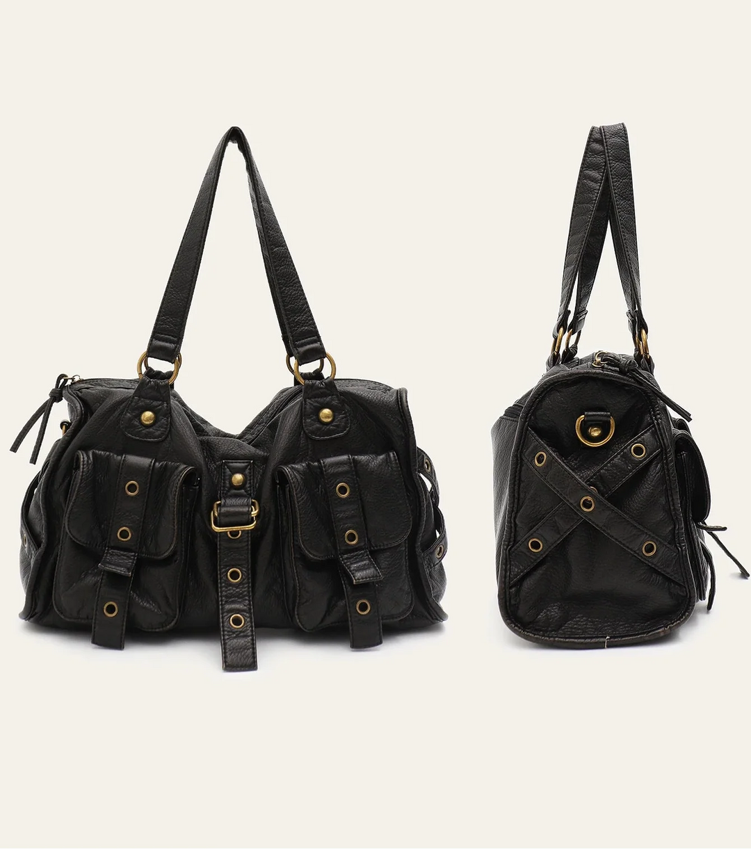 Grand sac à main femme noir style rock chic, parfait pour transporter vos affaires au bureau ou aux cours.