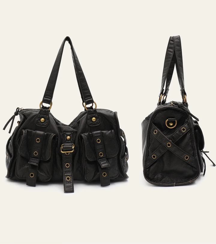 Grand sac à main femme noir style rock chic, parfait pour transporter vos affaires au bureau ou aux cours.