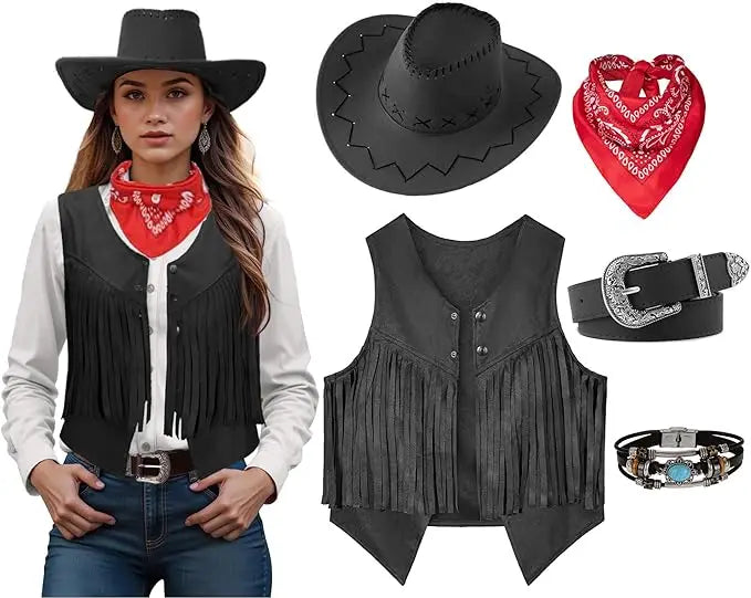 Superbe déguisement de cowgirl pour femme. Ensemble complet western avec franges, chapeau et accessoires pour une fête réussie.