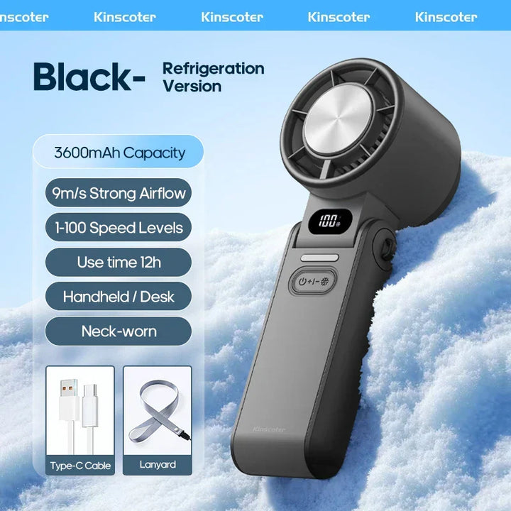 Ventilateur portable 3-en-1 Ice-Cool USB-C, 100 vitesses, idéal pour bureau, voyage, camping.