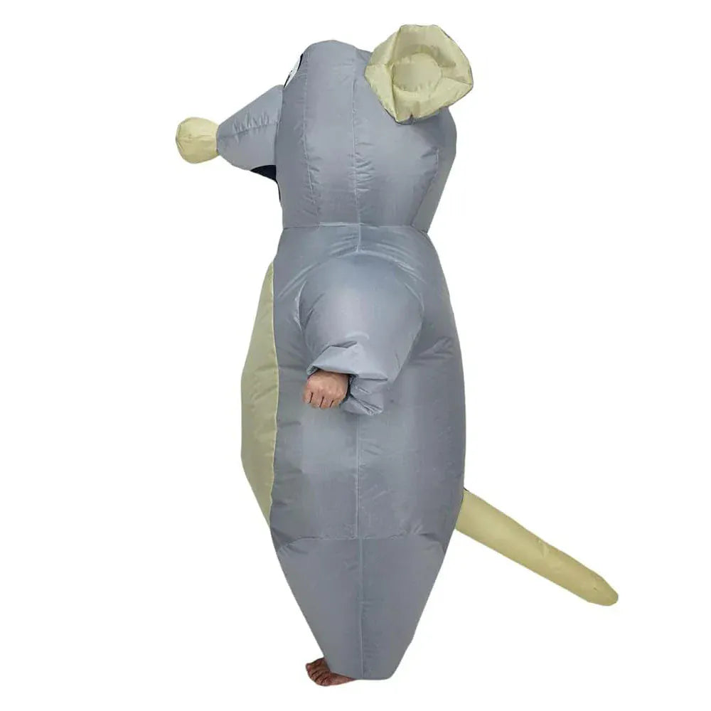 Déguisement gonflable souris grise géante, unisexe, avec oreilles, queue et ventre rond pour un look comique garanti.
