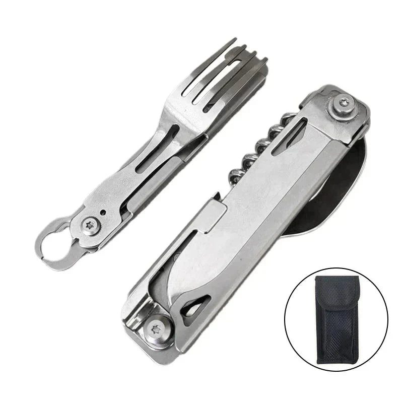 Kit de couverts de camping multifonction et portable, idéal pour les repas en nature.