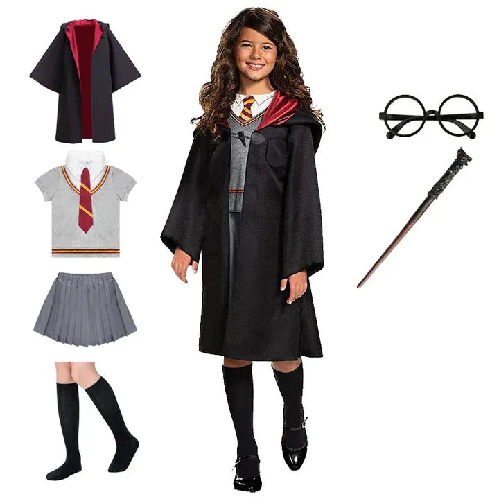 Déguisement enfant rayé Halloween avec cape et accessoires pour fête costumée.