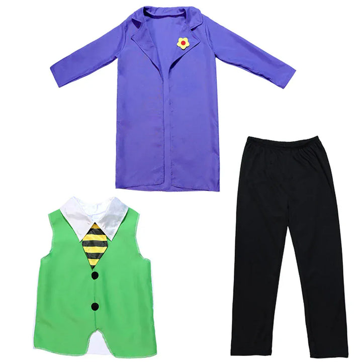 Costume de Joker violet pour enfant, idéal cosplay Halloween ou fête déguisée, très détaillé.