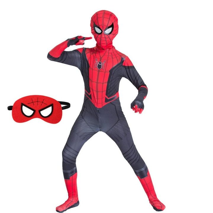 Tissu polyester du costume Spiderman enfant, doux et confortable, idéal pour fêtes d'Halloween et carnaval.