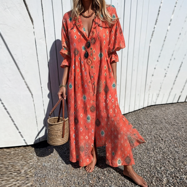 Robe fleurie boutonnée Odessa femme, coupe fluide, tenue maxi élégante et décontractée pour l'été et le printemps.
