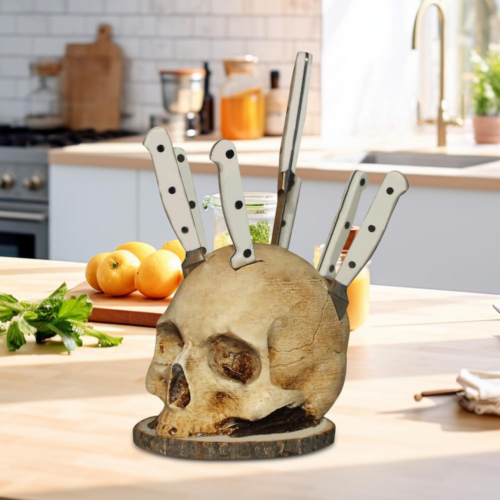 Décoration de cuisine gothique: porte-couteaux crâne noir pour organiser vos lames avec style.