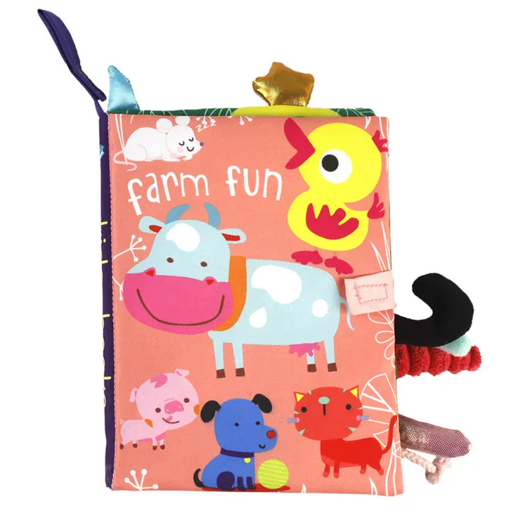 Livre tissu animaux mignons pour bébé, stimulant l'apprentissage et la reconnaissance des formes et couleurs.