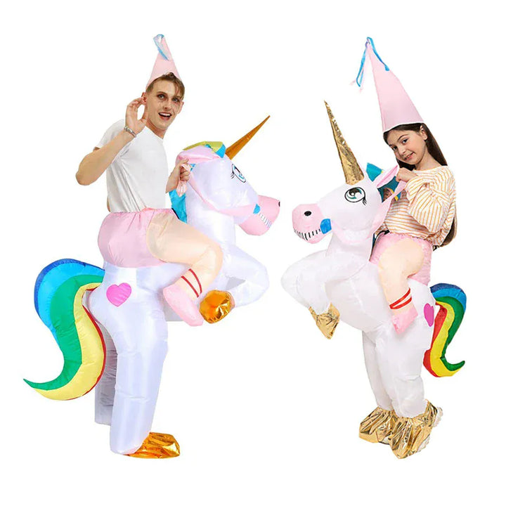 Déguisement licorne gonflable magique pour enfant ou adulte. Parfait pour fêtes, carnaval et Halloween.