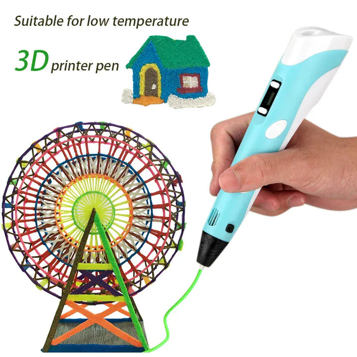 Enfant souriant utilisant le stylo 3D MagicKid pour créer un objet coloré en art 3D. Jouet amusant.
