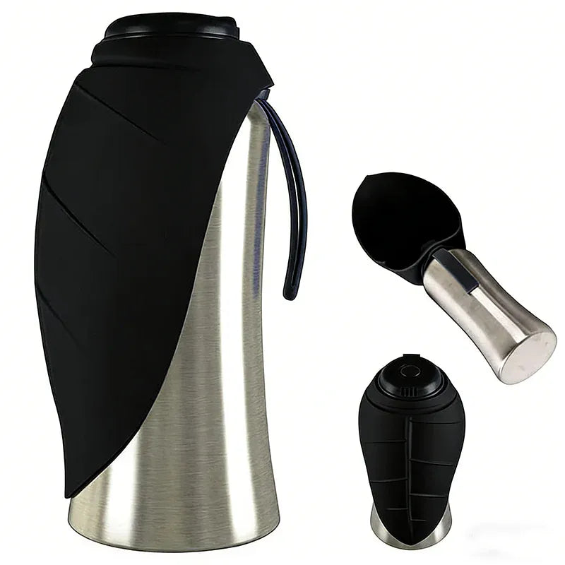 Gourde de voyage portable en acier inoxydable pour chien, avec bol pliable intégré pour l'hydratation.