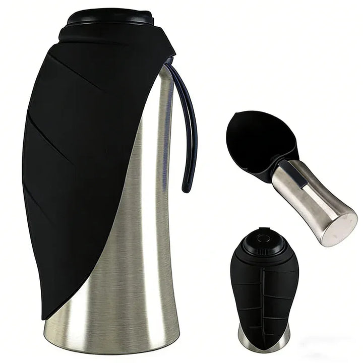Gourde de voyage portable en acier inoxydable pour chien, avec bol pliable intégré pour l'hydratation.
