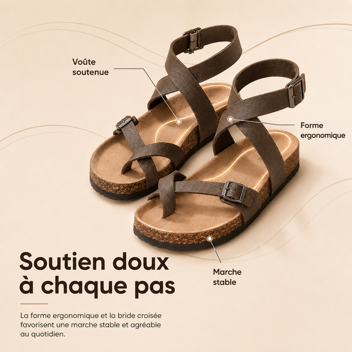 Pieds confortables dans les sandales Selena pour femmes, avec semelle douce et brides ajustées.