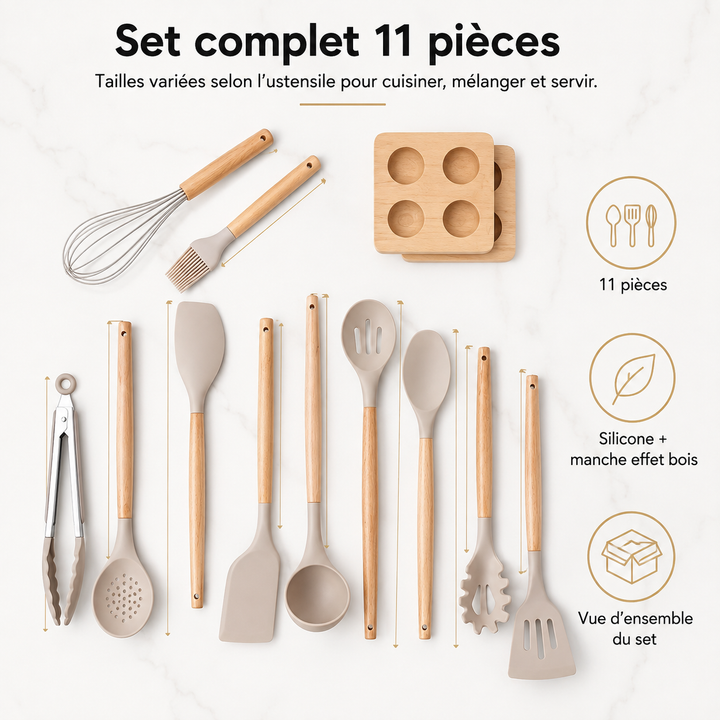Set de 12 ustensiles de cuisine en silicone, durable et moderne, avec rangement.