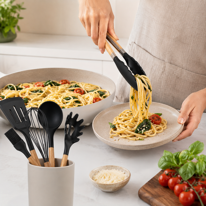 Ensemble d'ustensiles en silicone avec rangement, organisateur de cuisine essentiel.