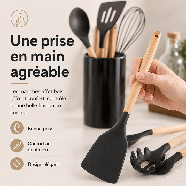 Spatules, fouets et cuillères en silicone, ensemble complet pour la cuisine.