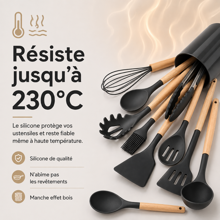 Ustensiles de cuisson en silicone avec support design, pour une cuisine moderne et rangée.