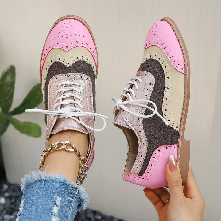 Chaussures Oxford femme confort, brillantes multicolores (vert, kaki) à lacets, design unique et moderne.