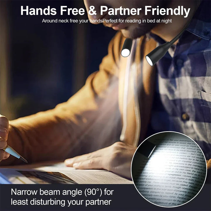 Lampe LED de cou ergonomique, bras articulés, éclairage ciblé, rechargeable USB pour confort visuel.