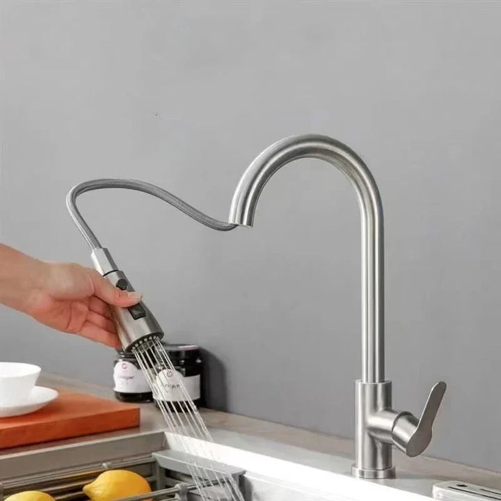 Robinet de cuisine design extensible, en acier inoxydable noir. Mitigeur avec douchette.