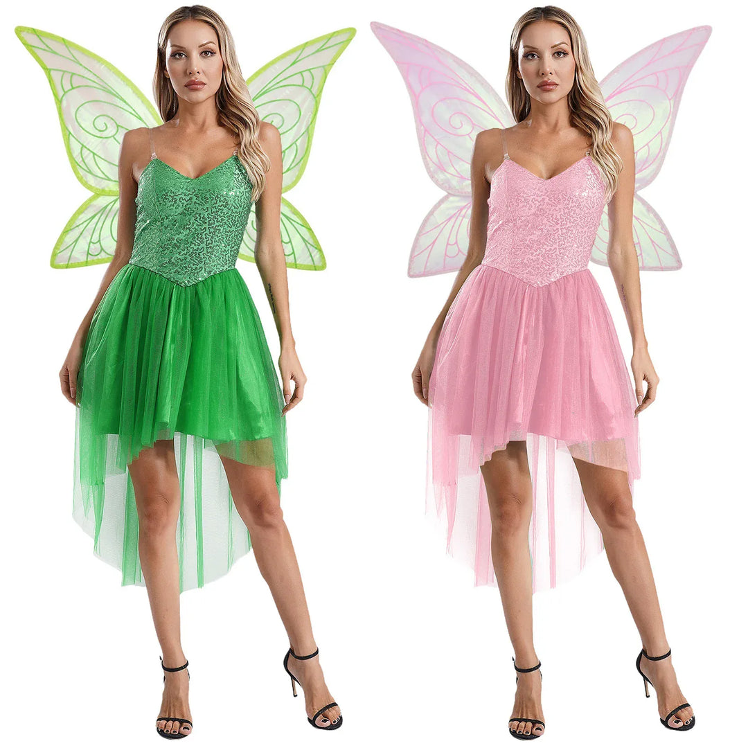 Costume de fée Clochette adulte, incluant robe élégante et ailes scintillantes, idéal pour Halloween ou cosplay.