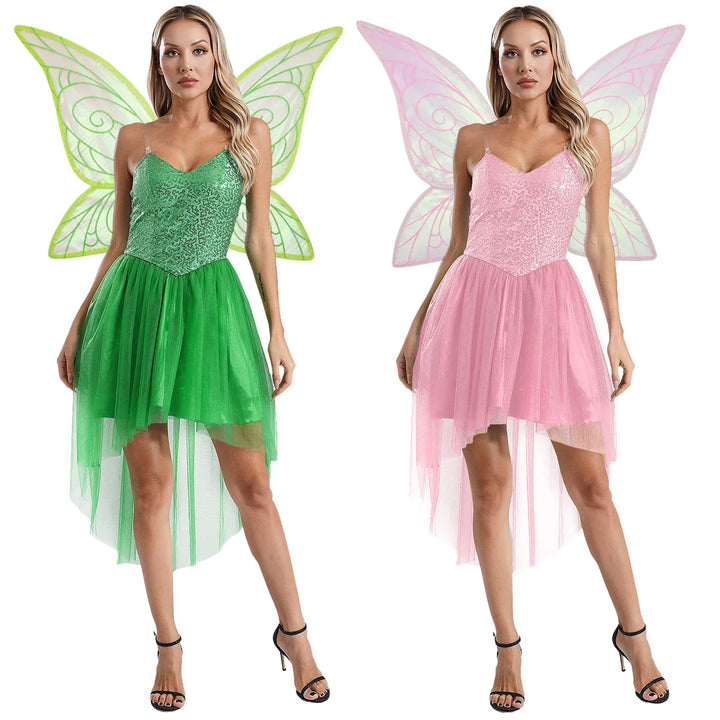 Costume de fée Clochette adulte, incluant robe élégante et ailes scintillantes, idéal pour Halloween ou cosplay.