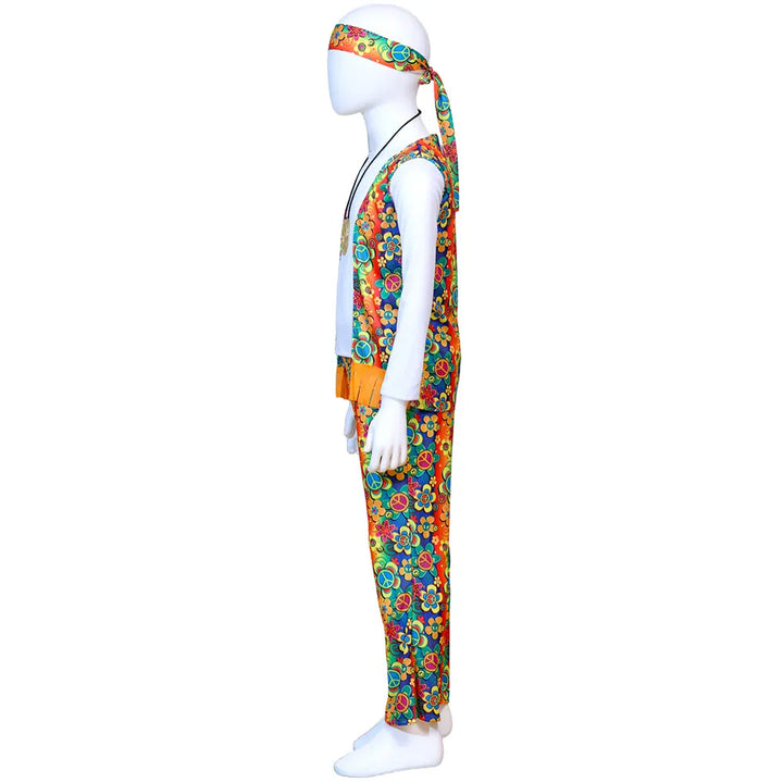 Déguisement enfant style années 70 avec gilet à franges et bandeau floral, esprit hippie pour fête disco.