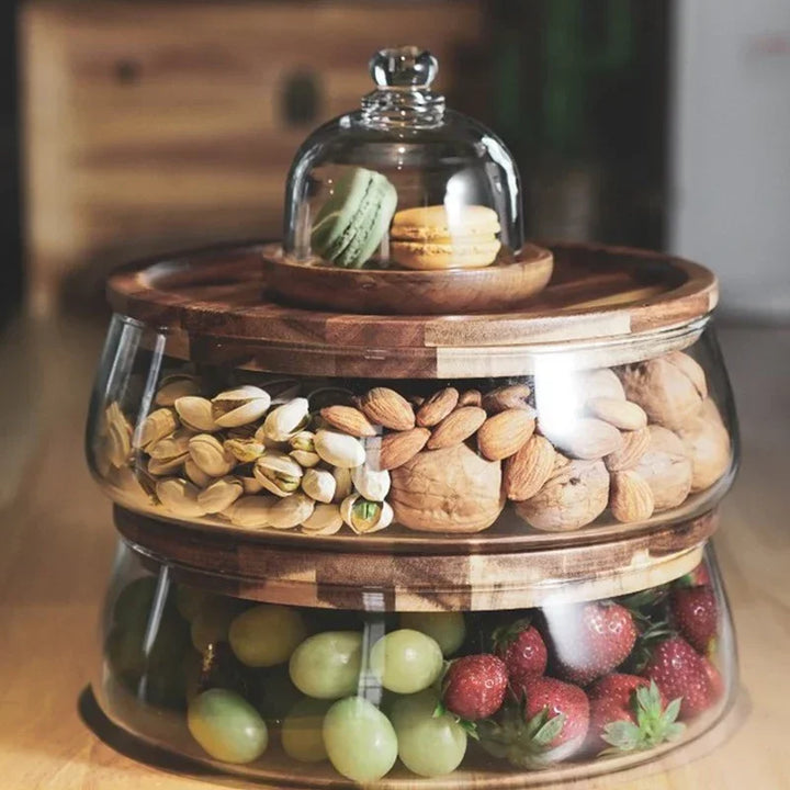 Bol en verre élégant avec couvercle en bois d'acacia, idéal pour fruits secs, bonbons ou snack. Rangement cuisine.