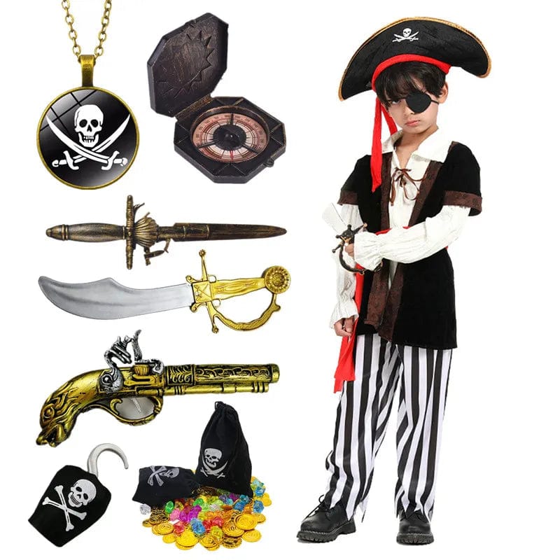 Déguisement pirate garçon, prêt pour l'aventure et la chasse au trésor. Idéal pour Halloween, fêtes et jeu.