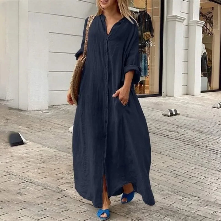 Robe chemise longue femme oversize chic et fluide, idéale pour un look décontracté élégant.