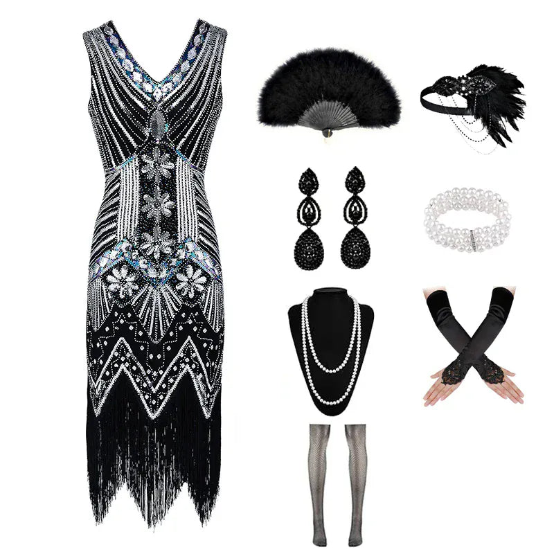 Déguisement flapper femme, vue de face, robe années 20 style Gatsby avec sequins et franges.